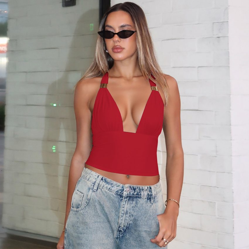 Deep V Metal Decorative Halter Backless Slim Fit Tied Tube Top