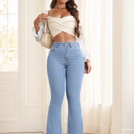 Women's Button Front Pocket Simple Design Casual Denim Long Pants