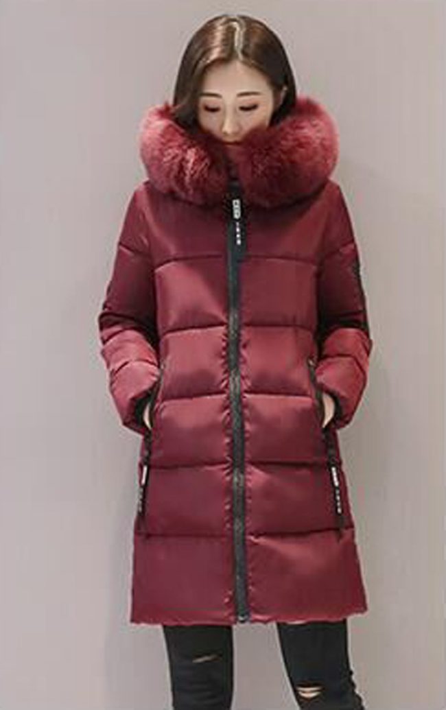 Women's Mid-Length Padded Jacket with Fur Collar
