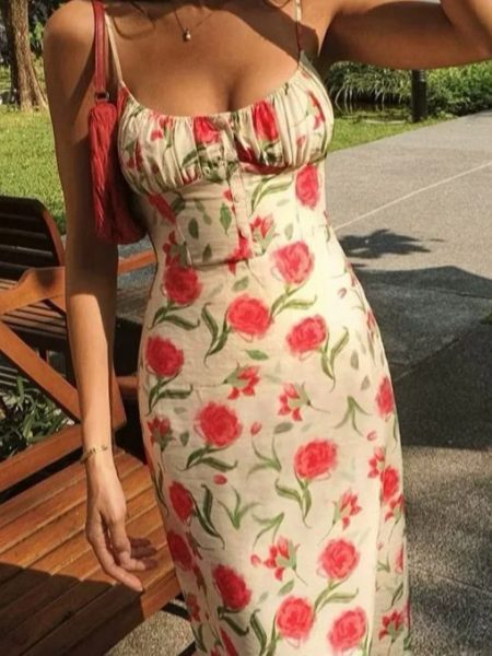 Printed Sling Slim Fit Backless Mid-length Dress