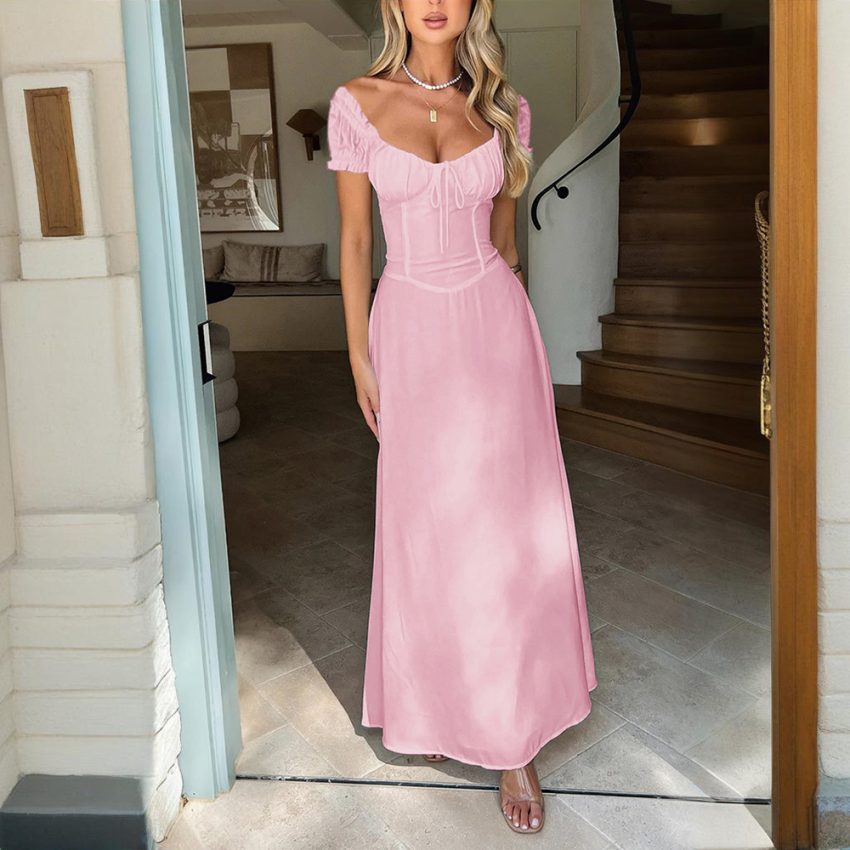Women's Bohemian Backless Maxi Dress Flowy Ruffled Beach Dress With Adjustable Belt Summer Vacation Boho Dress For Casual Outings
