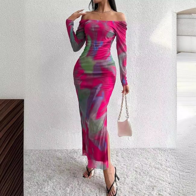 Printed Pleated Sexy Tight Split Square Collar Dress