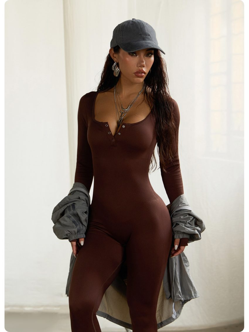 Women's Sports Fitness Square Collar Button Long Sleeve Yoga Jumpsuit