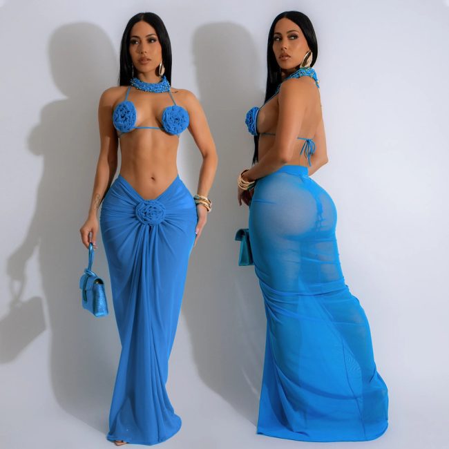 Colorful Backless Drawstring Neck Bikini Three Piece Set
