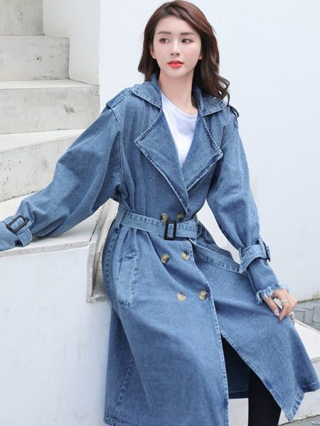 Women's Denim Belted Mid-Length Coat