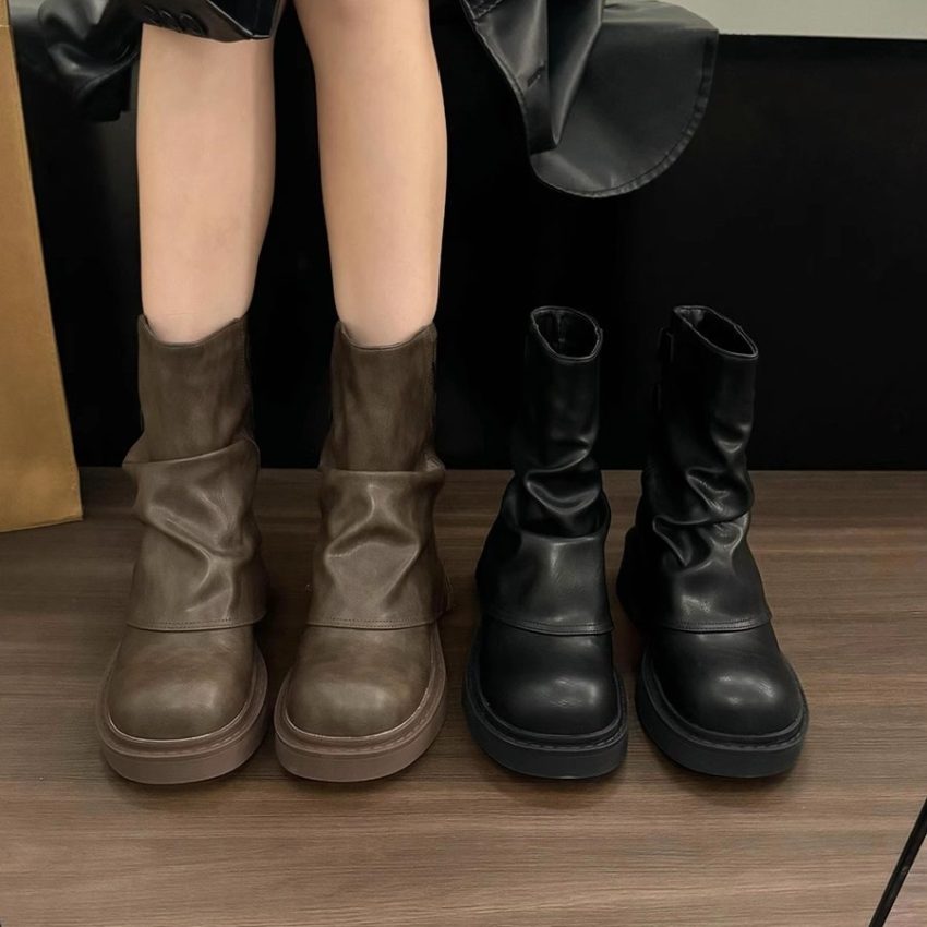 British Street Pleated Sleeve Slugged Bottom Boots