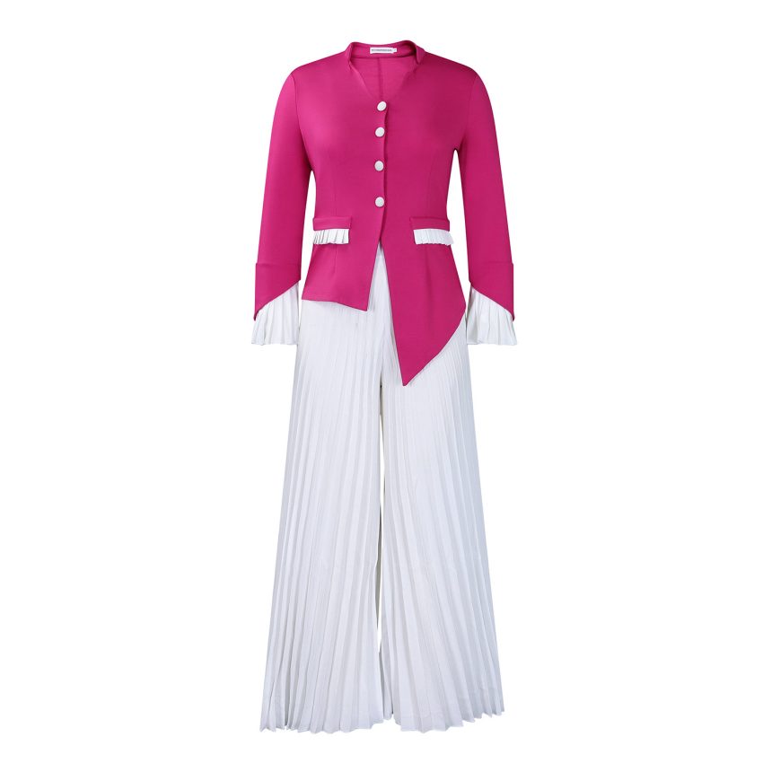 Fashion Flared Sleeves Top Pleated Wide-leg Pants Suit Two-piece Set