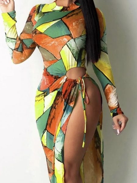 Ladies' Color Block Printed Sexy And Fashionable Slit Long Sleeved Dress