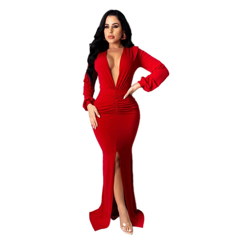 Women's Deep V-Neck Slim-Fit Evening Dress – Nightclub Glam, Shop Now