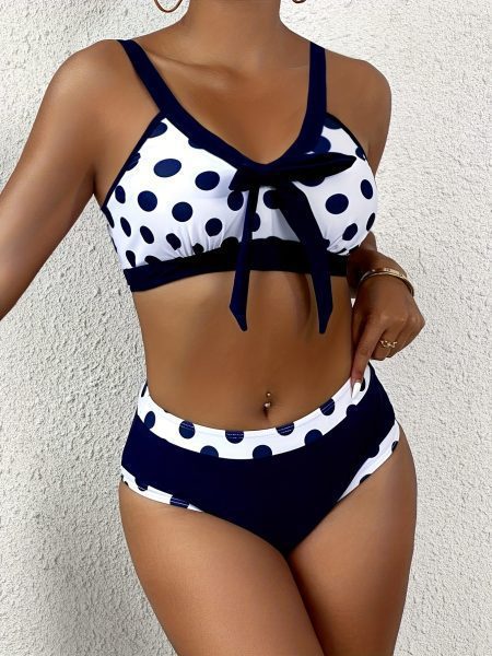 Women's Fashion Plus-size Bikini Set, Random Print, Sexy Bow Polka Dot Swimsuit Two-piece, Vacation Style Bikini.