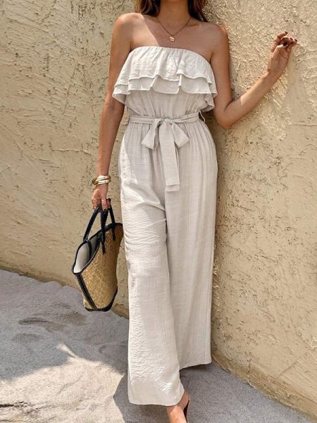 Women's Summer Sleeveless Tube Top Jumpsuit Ruffled Tied Jumpsuit