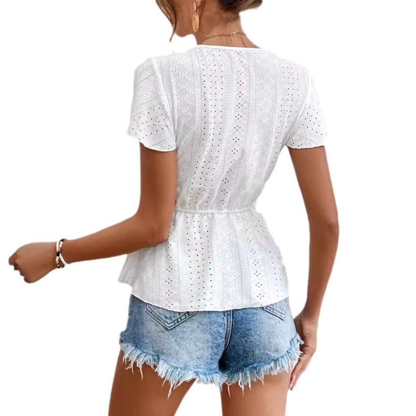 Summer New Flounced Sleeve Lace V-neck Stitching Hollow Jacquard Short-sleeved Top