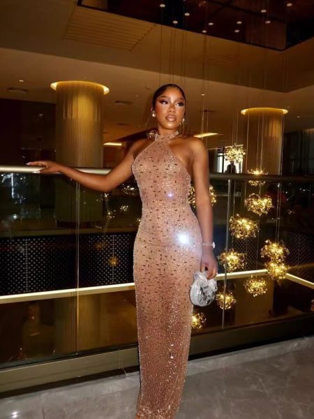 Elegant Halter Rhinestone Halter With Lining Apricot Long Skirt