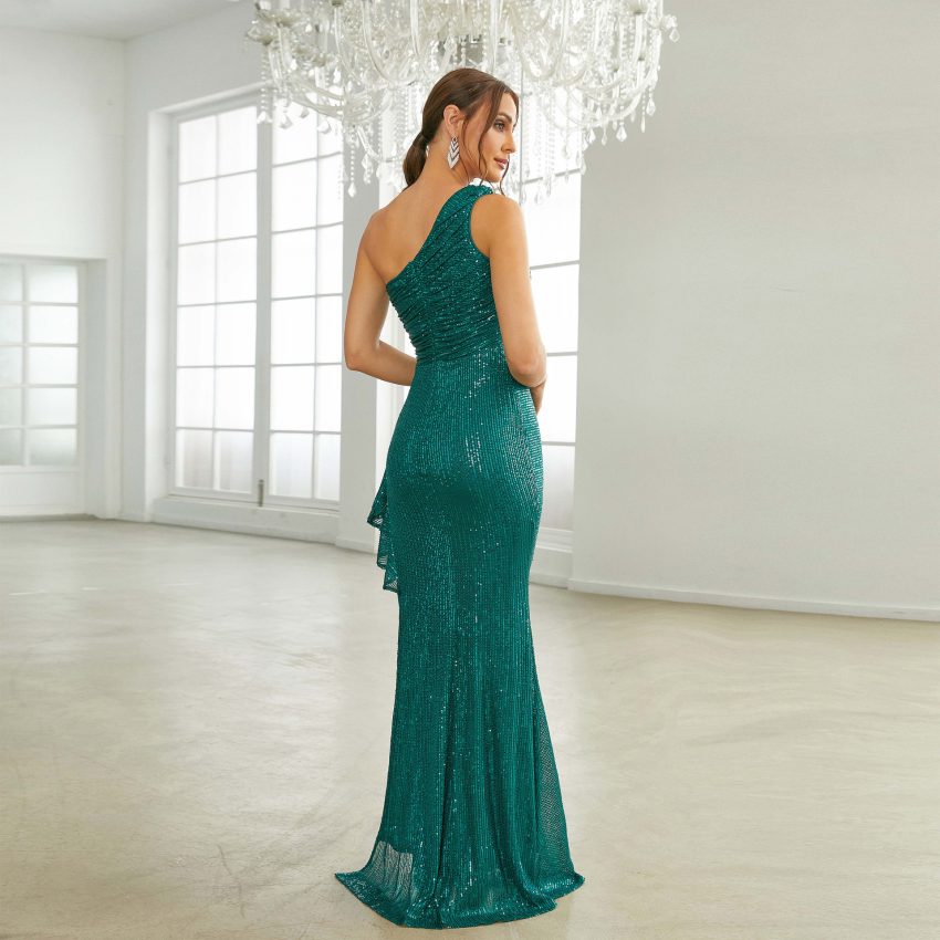 One-shoulder Diagonal Collar Lace Sequined Slit Banquet Evening Dress