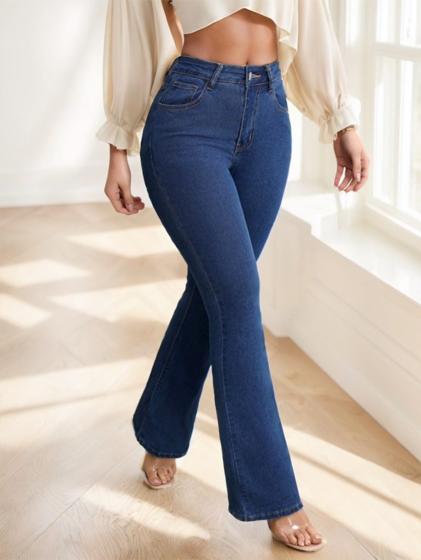 Women's Button Front Pocket Simple Design Casual Denim Long Pants
