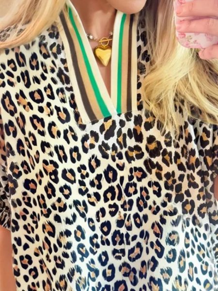 Female Leopard Print Contrasting Stripes V-neck Short Sleeved Shirt