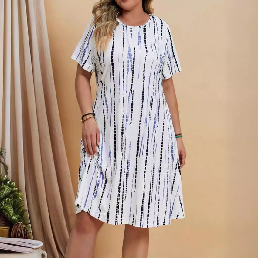 Women's Casual Fashion Loose Striped Printed Short Sleeve Dress