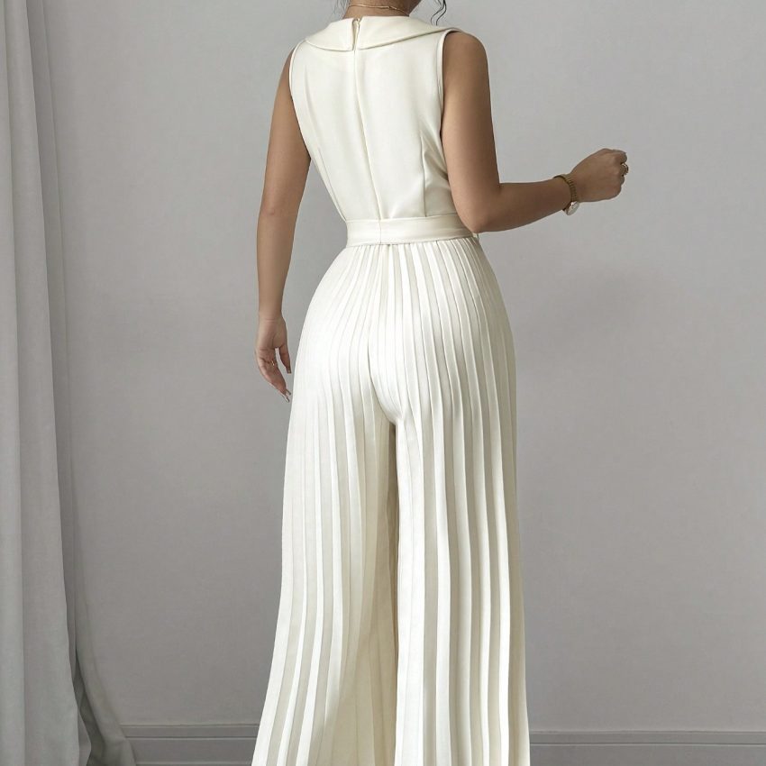 Ladies' V-neck Double Breasted Pleated Wide Leg Belt, Waist Belt, Height Enhancing Vest, Jumpsuit