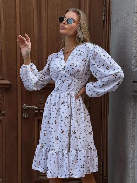 Printed Crimp V-neck Long Dress Women