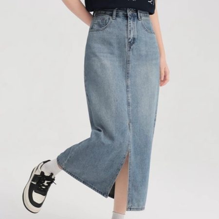 Tencel Denim Skirt Women's Thin Waist High Loose Slit Ice Silk A-line Medium Length Hip Skirt