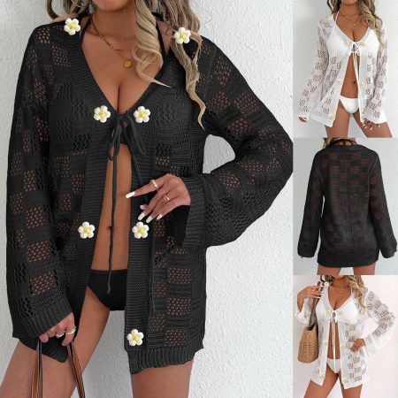 Woven Hollow-out Long-sleeved Blouse