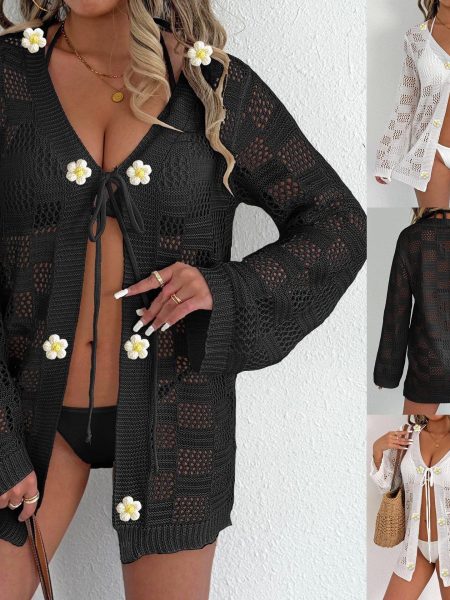 Woven Hollow-out Long-sleeved Blouse