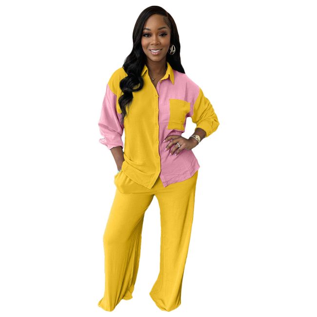 New Color Contrast Patchwork Pocket Casual Shirt Suit Two-piece Set