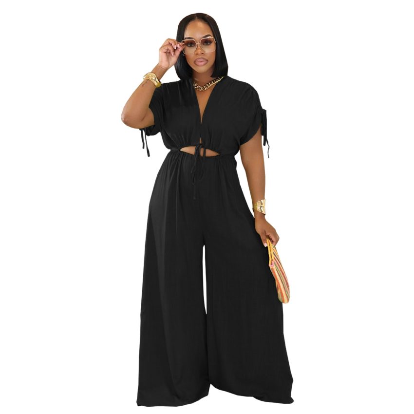 Women's Casual V-neck Lace-up Wide-leg Jumpsuit