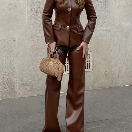 Brown Leather Double-button Blazer & Flared Pants Set