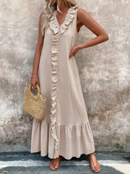 Women's Elegant Casual Summer Dress - V-Neck Sleeveless Ruffled Vacation Long Dress With Pleated Hem