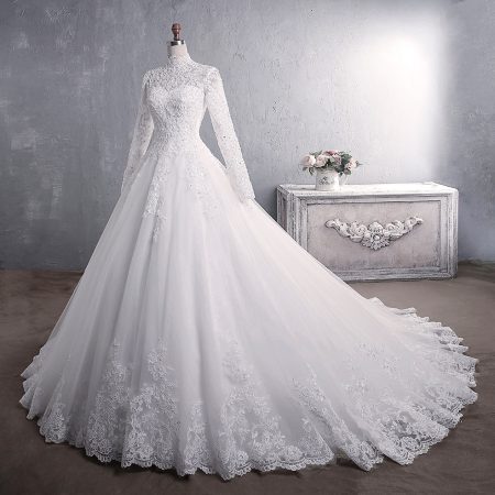 Lace Wedding Dress Bridal Stand-up Collar Long-sleeved Large Tail Large Size