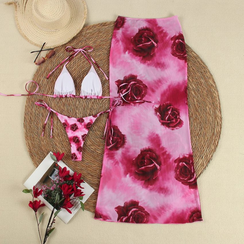 Women's Casual Rose Print Bikini Dress Suit