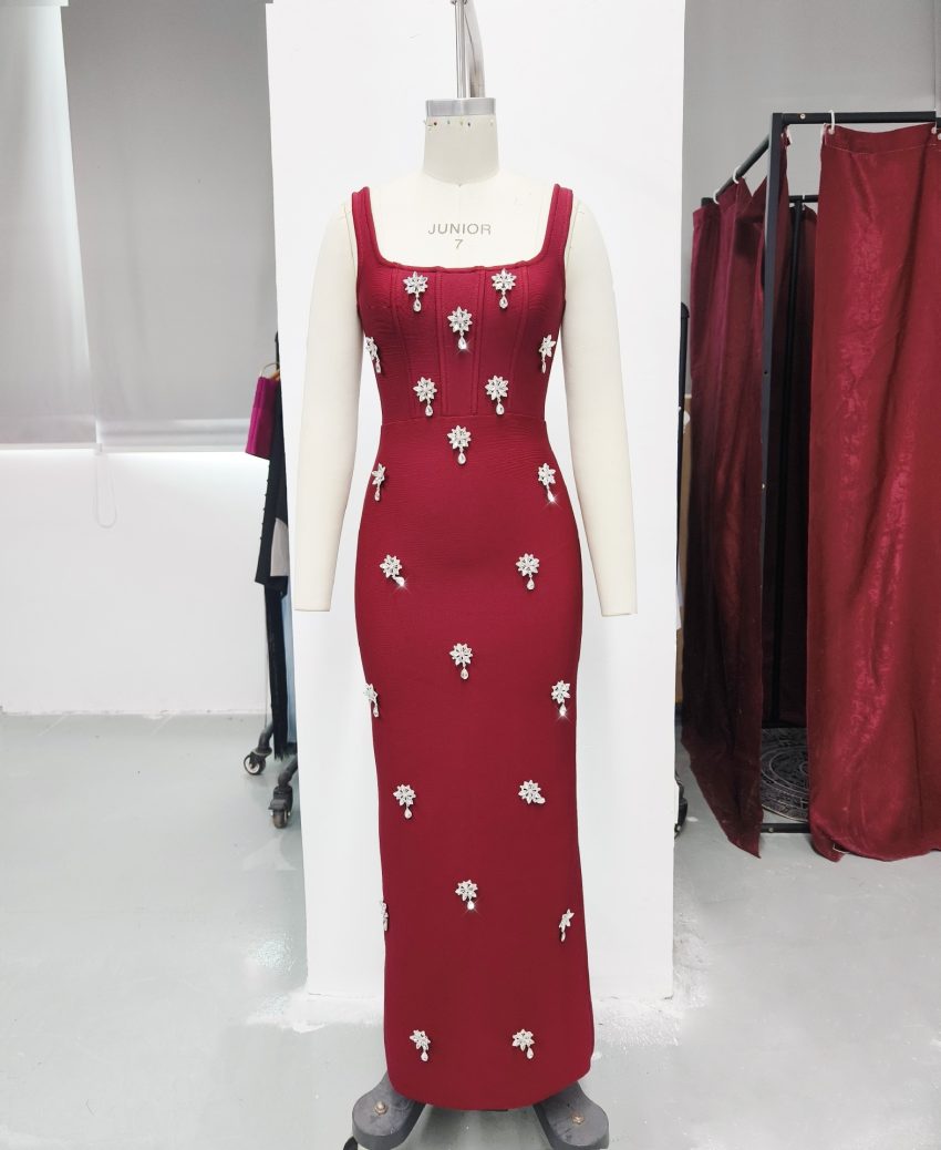Sleeveless Square Collar Diamond Bandage One-piece Dress