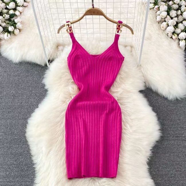 Metal Decorative Sling Woolen Skirt Slimming Hip Knitwear Dress