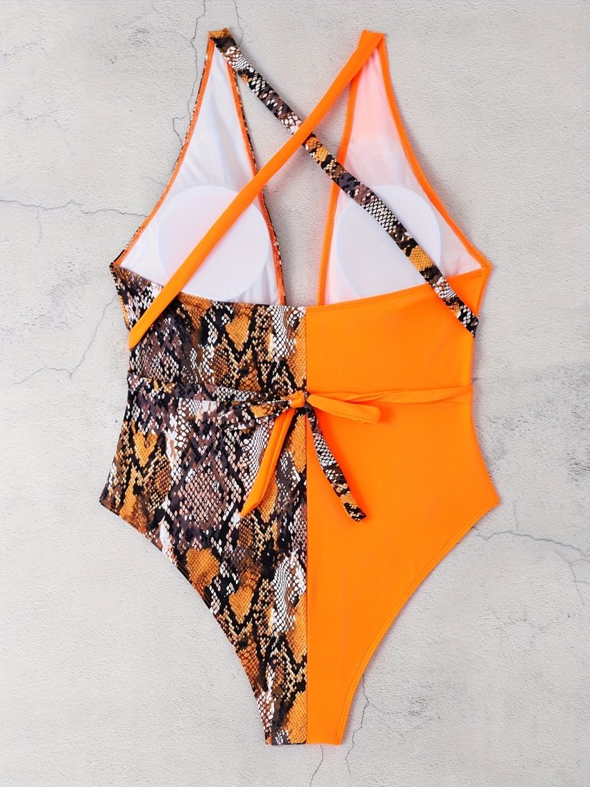 Women's Large-size One-piece Swimsuit, Leopard Print, Color Matching, Asymmetric, Tie-one-piece Swimsuit, Backless Sexy Vacation Style