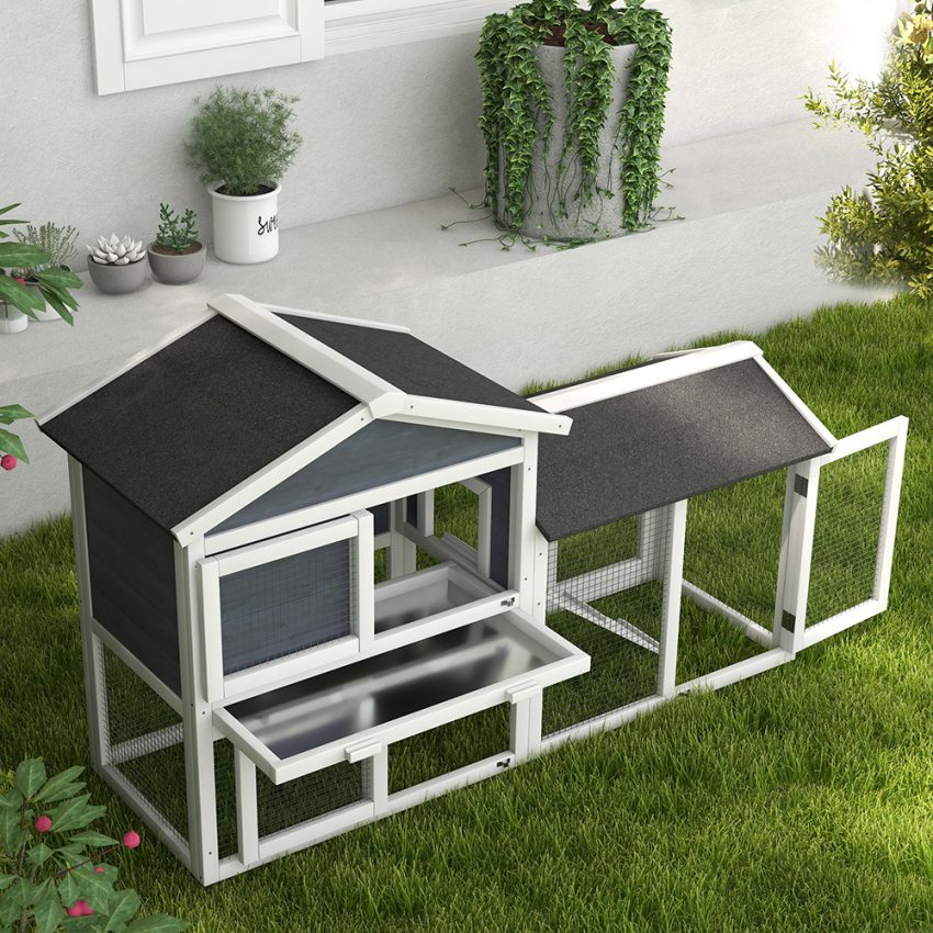 58inch Wooden Rabbit Hutch With Run, Removable Tray, Asphalt Roof, Lockable Doors And Ramp, Gray