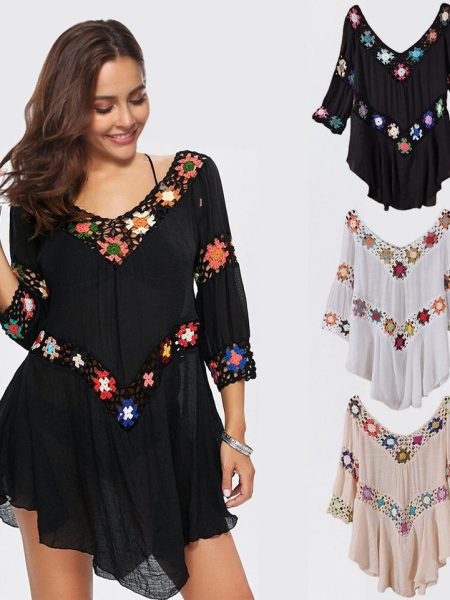 Amazon AliExpress Hot Selling Product Boho Hollow Out Hand Crocheting Flower Bikini Loose Beach Cover-up