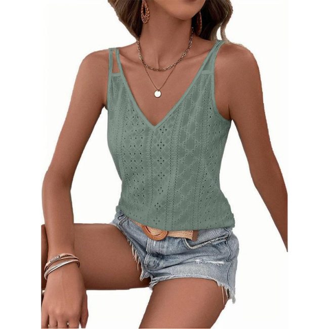 Jacquard V-neck Shoulder Spaghetti-strap Camisole Top