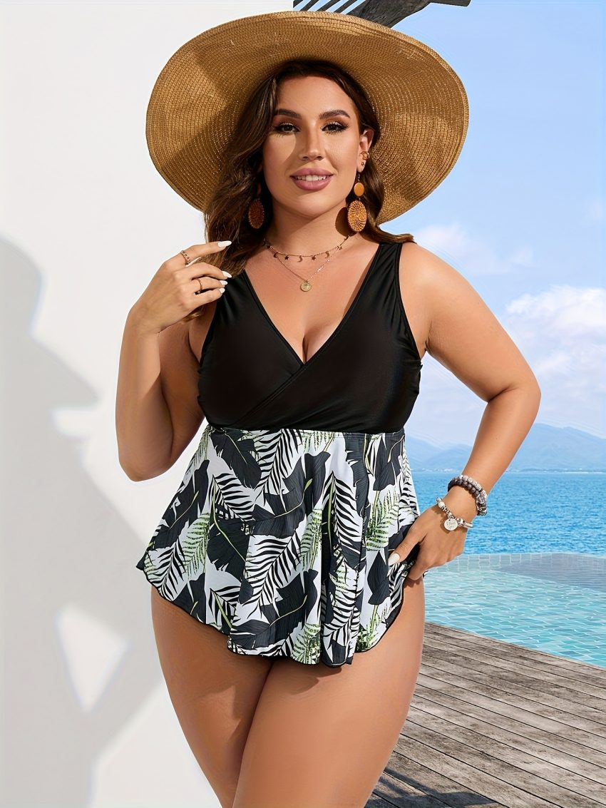 Women's Large-size Tankini Set With Tropical Print - Swimsuit Set For Vacation Style.