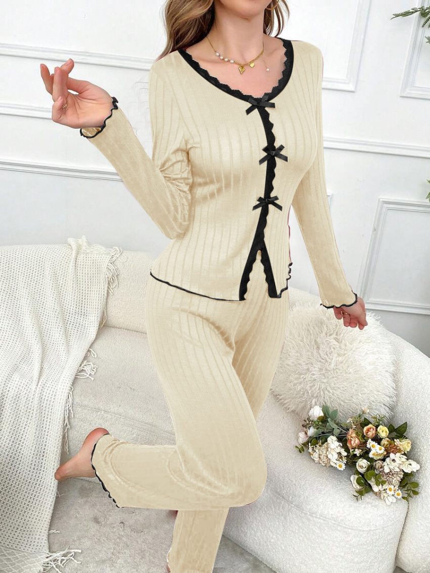 Long Sleeve Trousers Casual Homewear Lace Cardigan Suit