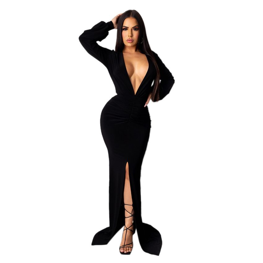 Women's Deep V-Neck Slim-Fit Evening Dress – Nightclub Glam, Shop Now
