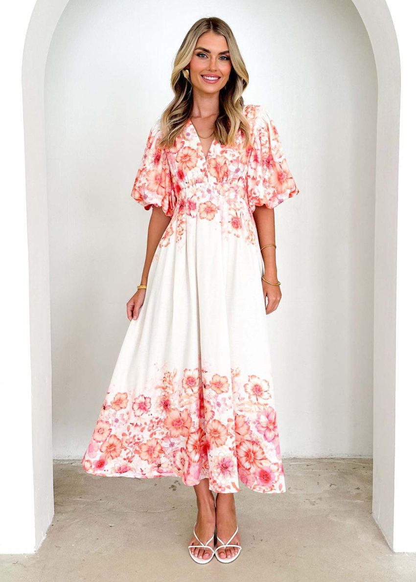 Spaghetti-strap Floral Print Fairy Mid-length Elegant Big Hem Dress
