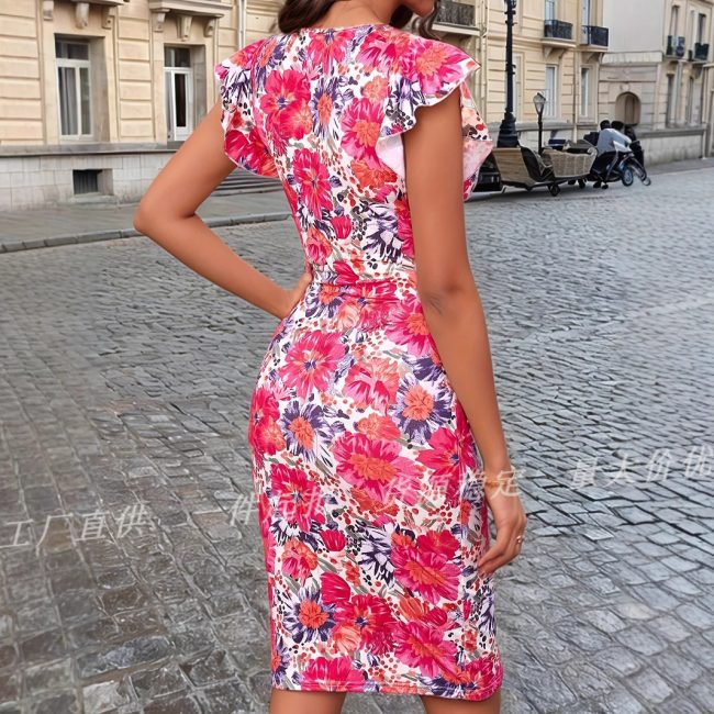 Temperament Lotus Leaf Sleeve Printed Flowers Dress