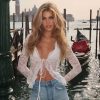 Sexy Lace See-through V-neck Cardigan Lace-up Long Sleeve Top