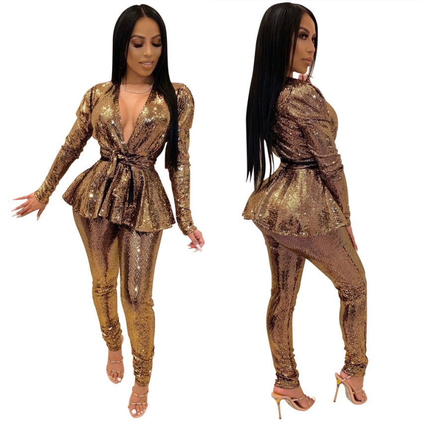 Women's Slim-fit Fashion Bronzing Long-sleeved Two-piece Suit