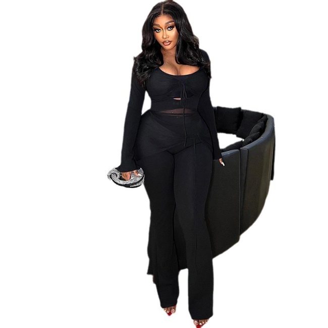 Women's Solid Color Casual Mesh Stitching Long Sleeves Top And Trousers Suit