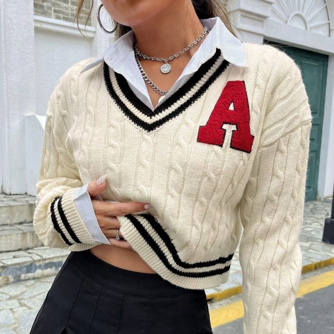 V-neck Youthful Campus Younger Knitted Shirt Slim Striped Long Sleeve