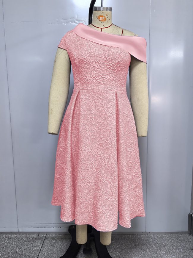 Jacquard Party Banquet Diagonal Collar Large Skirt A- Line Dress