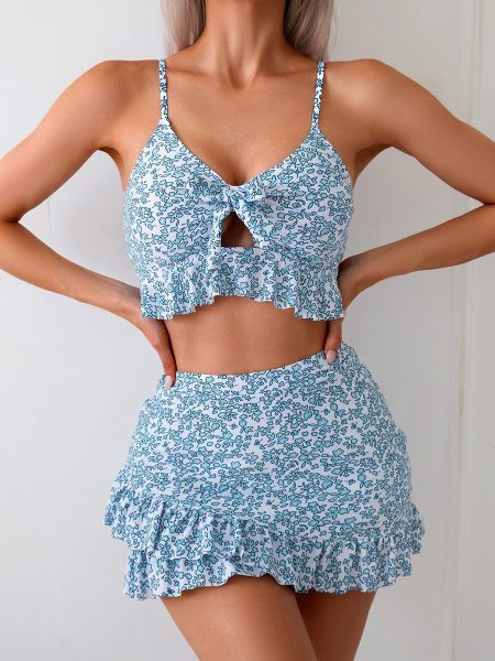 Floral Bow Ruffled Spaghetti Straps Briefs Split Bikini Three-piece Set