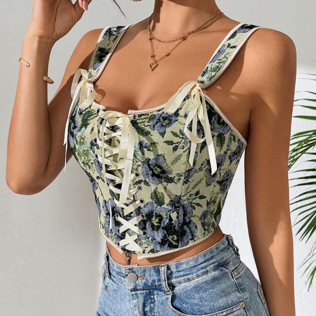 French Retro Printed Lace Up Corset Sexy Vest